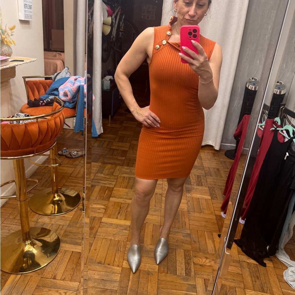 Orange Sleeveless Ribbed Dress
